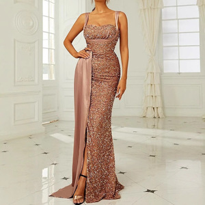 Vestido de noche de sirena con lentejuelas doradas, espalda descubierta, cintura natural, vestido largo para banquete - Product Image 1