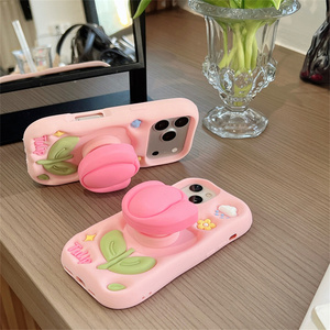 เคสโทรศัพท์มือถือซิลิโคนรูปดอกไม้น่ารัก พร้อมขาตั้งแบบยืดหดได้ สำหรับ iPhone 17 16 15 14 13 Pro Max ลายดอกทิวลิป ฝาหลังลายเมฆยาง - Product Image 4