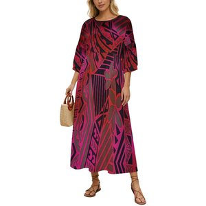 Robe longue décontractée ample à col rond et manches bouffantes pour <span class=keywords><strong>femme</strong></span>, imprimé <span class=keywords><strong>tatouage</strong></span> tribal polynésien <span class=keywords><strong>rose</strong></span> et blanc, collection en promotion - Product Image 3