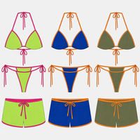 Ensemble de maillots de bain 3 pièces pour femme, OEM, recyclé, scintillant, personnalisé, marque privée, avec bordure contrastante et perles, comprenant un short de bain