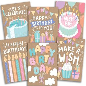Cartes de vœux en kraft « Joyeux <span class=keywords><strong>Anniversaire</strong></span> » en gros – 6 designs mignons avec gâteau, bougie et dessins animés – Cartes de vœux pour enfants et adultes - Product Image 6