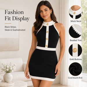 Robe moulante <span class=keywords><strong>en</strong></span> maille pour femme, personnalisable avec logo OEM/ODM, style chic français contrastant, boutons dorés, col halter perlé, mini, sans manches, pour l'été - Product Image 1