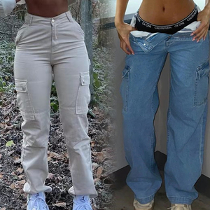 Nuevos Pantalones Vaqueros de <span class=keywords><strong>Mujer</strong></span> de Cintura Alta Elásticos con Múltiples Bolsillos Estilo Cargo a la Moda Versátiles - Product Image 1