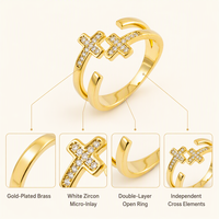 Bague ajustable ouverte à double croix en laiton plaqué or micro-pavé CZ blanc, bijoux de mode personnalisés Mylove pour femme, cadeau religieux