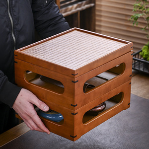 Caja de almacenamiento de doble capa tejida de bambú con tapa, organizador de escritorio para juego de té y tetera de arcilla púrpura, almacenamiento de tazas de té - Product Image 1