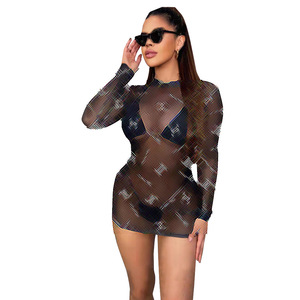 Mode transfrontalière européenne et américaine pour femmes DD6669 Sexy Slim-fit High Elastic Neck Translucent Mesh Perspective Wrong Hip - Product Image 4