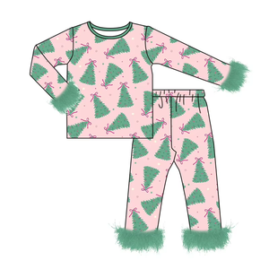 Conjuntos de pijamas navideños para niñas, pantalones de manga larga con estampado navideño y ribete de piel, ropa de dormir suave y acogedora para invierno - Product Image 3