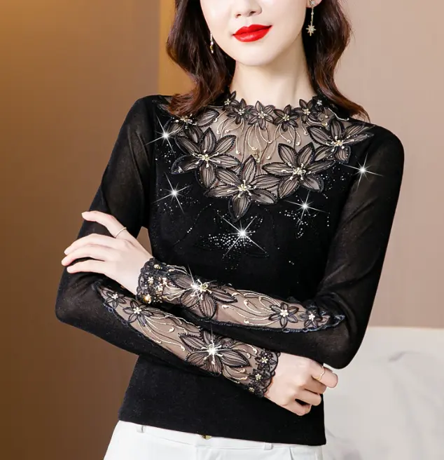cy10055a 2023 Women Spring Autumn Fashion Shirt Sexy Slim black Lace Long Sleeve Tops Blouse