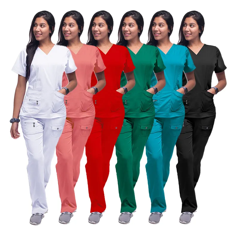 Set perawat Scrub grosir OEM setelan seragam lengan pendek seragam perawat rumah sakit medis Scrub seragam wanita S-XXL anyaman Logo kustom