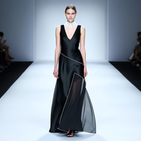 Robe longue de soirée formelle noire sans manches, col en V profond, drapée, à panneaux asymétriques, coupe trapèze fluide, sur mesure, vente en gros pour femmes