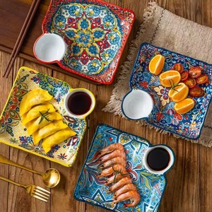 Plato bohemio para dumplings con plato para vinagre, plato de cerámica para el hogar, plato de desayuno segmentado, plato de alta gama específico para dumplings - Product Image 6