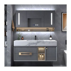 Hiện đại grey lưới tản nhiệt MDF không thấm nước cửa kính Tủ treo tường phòng tắm Vanity với gương thông minh - Product Image 2