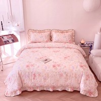 Ensemble de housse de couette en coton 100% à imprimé floral de style campagnard français, élégant avec bordure à volants, rose rose, ensemble de literie 3 pièces