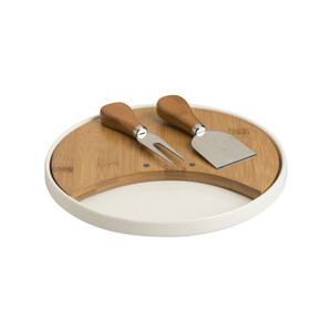 Tabla de cortar de porcelana y bambú con dos cuchillos para queso de acero inoxidable - Product Image 1