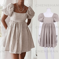 Mini Robe d'été en lin et coton à manches bouffantes, décontractée, unie, col carré, ample, Pour Femme