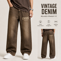 Jean en denim délavé marron sur mesure pour homme, coupe droite ample, 100 % coton, style streetwear vintage imprimé