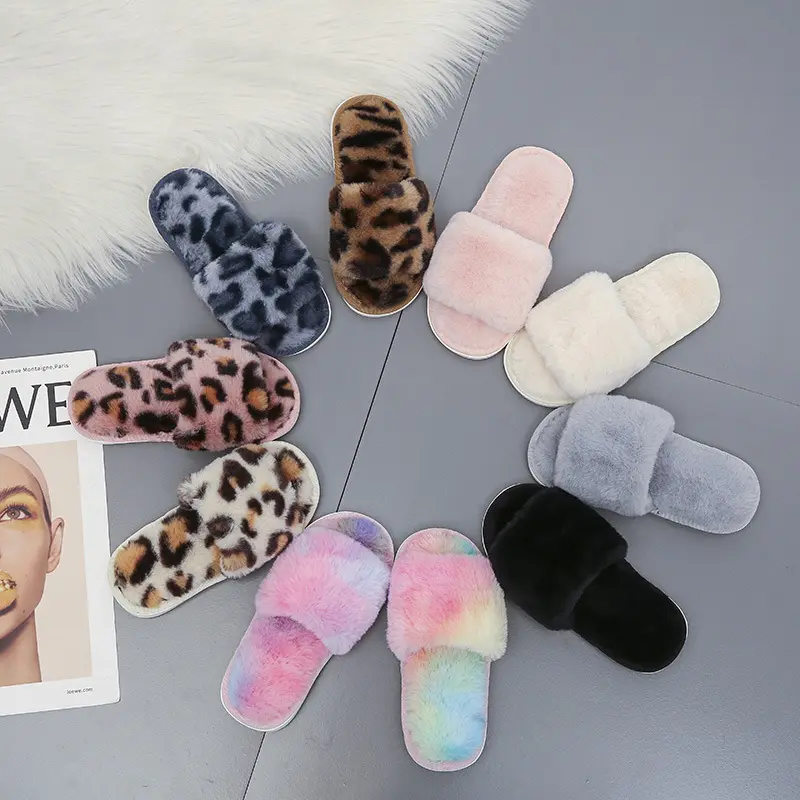 Winter Home Slippers Shoes Adult Children Plush Furry Female Open Toe Slides Kids Faux Fur Slippers