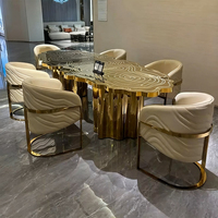 Ensemble de table à manger ovale de luxe moderne en acier inoxydable doré avec plateau en verre trempé, 4 chaises, mobilier de salle à manger haut de gamme pour villa