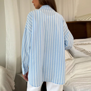 Nuova Collezione Primavera: Camicie da <span class=keywords><strong>Donna</strong></span> alla Moda, Vestibilità Ampia, Spalle Scivolate, Maniche Lunghe, a Righe, Traspiranti in <span class=keywords><strong>Lino</strong></span>-Cotone, per Lavoro e Uso Quotidiano - Product Image 2