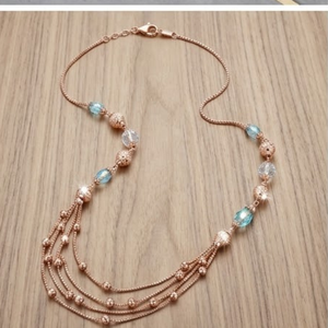 Collier Mala italien en argent 925, finition or rose, cristal bleu, chaîne multicouche, bijoux de créateur pour femmes - Product Image 3