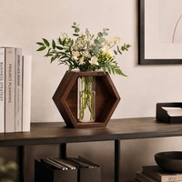 Vente en gros de jardinières murales hexagonales en bois foncé avec vase en verre, propagation hydroponique, OEM ODM, décoration murale miniature personnalisée