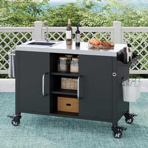 Isla <span class=keywords><strong>de</strong></span> Cocina Exterior AJUNION <span class=keywords><strong>con</strong></span> <span class=keywords><strong>Fregadero</strong></span> Integrado <span class=keywords><strong>de</strong></span> Acero Inoxidable 304, 4 Ruedas Bloqueables, Mesa Móvil para Parrilla para Cocina Exterior - Product Image 1