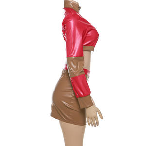 Zzhe set 2 potong seksi untuk wanita, pakaian butik pakaian jalan, atasan crop kerah berdiri warna tambal sulam dan rok mini modis - Product Image 3