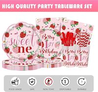 Articles de fête d'anniversaire 1 an Thème Fraise, Vaisselle jetable Berry Sweet One, Assiettes en carton, Gobelets, Serviettes, Nappe, Décoration pour bébé fille