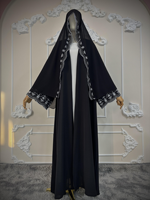 Abaya légère en polyester à devant ouvert, respirante, avec poignets brodés, ensemble deux pièces avec hijab pour femmes musulmanes adultes, tenue modeste