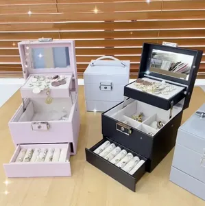 Mini boîte à bijoux Portable en cuir PU à 3 étages, boîte à bijoux de voyage avec tiroir miroir avec verrouillage, vente en gros