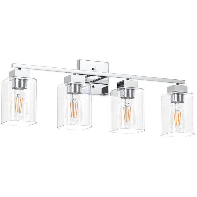 4-Light Chrome Vanity Light Modern Wall Sconce with Glass Shades for Bathroom Mirror Lighting
