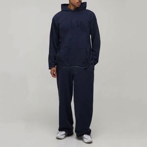 Navy Raw Hem Hoodie Sweatpants No Logo Custom Men Two Piece <b>Tracksuit</b> - Product Image 1