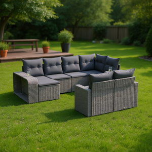 Conjunto de Sofá de Jardín de Ratán Gris, 6 Plazas, Muebles de Exterior de Diseño Contemporáneo, Estructura de Acero, Elegante Conjunto de Jardín - Product Image 2