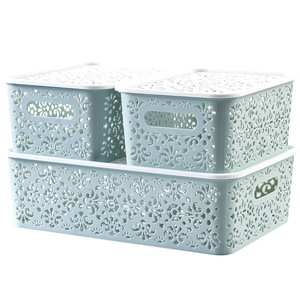 <b>Plastic</b> Hollowed Out Storage <b>Basket</b> Rectangle With Handle Desktop Organizer For Cosmetic And Office Supplies - Product Image 5