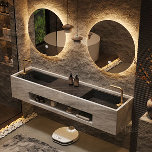 Mobile <span class=keywords><strong>da</strong></span> Bagno di Lusso Moderno in Lastra di Roccia con <span class=keywords><strong>Lavabo</strong></span> Senza Saldature e <span class=keywords><strong>Design</strong></span> Integrato Personalizzabile a Lavandino Singolo o Doppio - Product Image 1