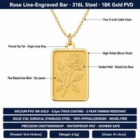 Collier Cœur Carré Fleur Rose en Acier Inoxydable 316L Plaqué Or PVD 18K, Étanche, Anti-ternissement, Rétention de Couleur 2 Ans