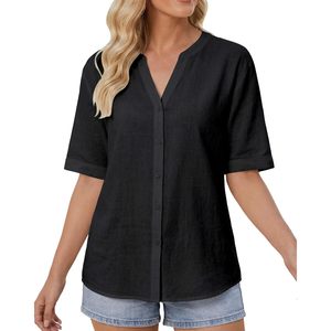 เสื้อเชิ้ตผู้หญิงแขนสั้นคอวีผ้าฝ้ายลินินเสื้อลำลองสำหรับทุกวัน - Product Image 2