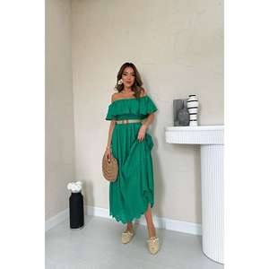 Vestido Maxi Verde con Hombros Descubiertos, Bordado, Cintura Elástica, Corte Holgado, Informal, Tejido Transpirable, para Uso Diario - Product Image 5