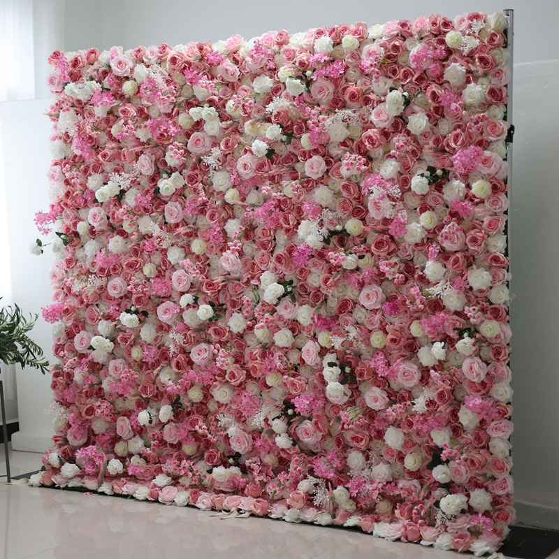 Design Artificial Silk Roll Up Wedding Floral Backdrop Flower Wall Pink And Green