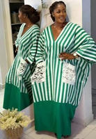 Robe Dashiki africaine grande taille, col en V, manches longues, rayée, coupe ample, polyester, imprimé africain, tenue traditionnelle