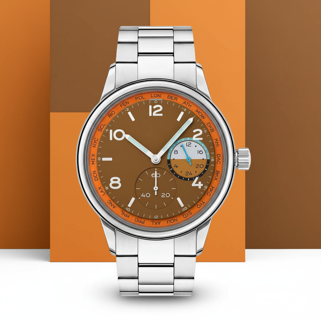 Men's Classic Chronograph Watch 43mm Dial 22mm Stainless Steel Band Silver Case Brown Glass Crystal Japan Movement Quartz 10m