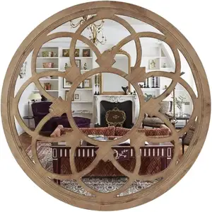 Rustic Round Decorative Large Wall Mirror with Wood Frame for Living Room Bedroom Kitchen Entryway Wall Decor