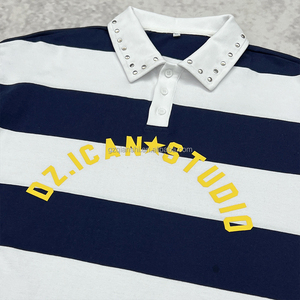 เสื้อยืดโอเวอร์ไซส์ทรงบ็อกซี่สไตล์เรโทรรักบี้ ผู้ผลิตเสื้อยืดครอป ผ้าคอตตอนหนา 100% เสื้อโปโลลายทางติดกระดุม - Product Image 2