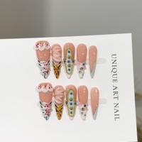 Ongles à presser personnalisables faits à la main, style bohème, fleurs 3D, gemmes, à coller, forme stiletto, réutilisables, en PMMA, longs.