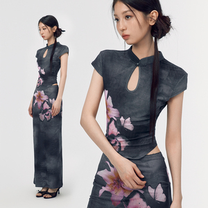 Set Ispirato al Qipao Cinese, Camicia Vintage in <span class=keywords><strong>Tulle</strong></span> e Gonna Sopra il Ginocchio con Colletto a Fiocco e Vestibilità Regolare - Product Image 1