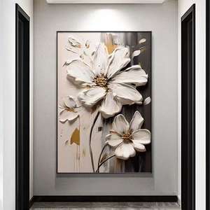 Peintures à l'huile 3D texturées, art floral abstrait fait main sur bois, <span class=keywords><strong>peinture</strong></span> murale florale argentée et dorée, décoration d'intérieur de luxe - Product Image 2