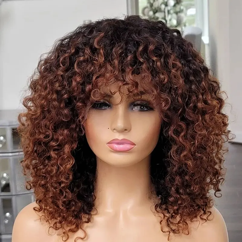 Brown Ombre Color Short Bob Kinky Curly 100% Human Remy Hair 13*4 Lace Frontal Wigs With Bang