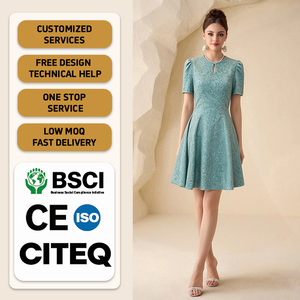 Vestido midi elegante <span class=keywords><strong>de</strong></span> verano con jacquard para mujer, manga abullonada, cuello hueco, ajustado, <span class=keywords><strong>verde</strong></span>, para <span class=keywords><strong>fiesta</strong></span> - Product Image 1