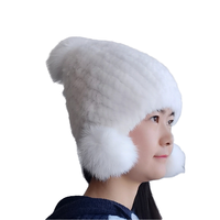 Bonnet unisexe d'hiver en fourrure de lapin véritable à 100 % avec pompon en fourrure de renard, chaud, respirant, tricoté, doublé, style sportif et tendance