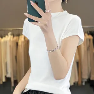 Garments Manufacturers China 100% Tencel Cashmere 16GG Knitted Women Ladies T Shirt Short Sleeves
